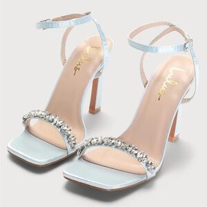 New Lulus Goldiena Sky Blue Satin Rhinestone Ankle Strap Heels